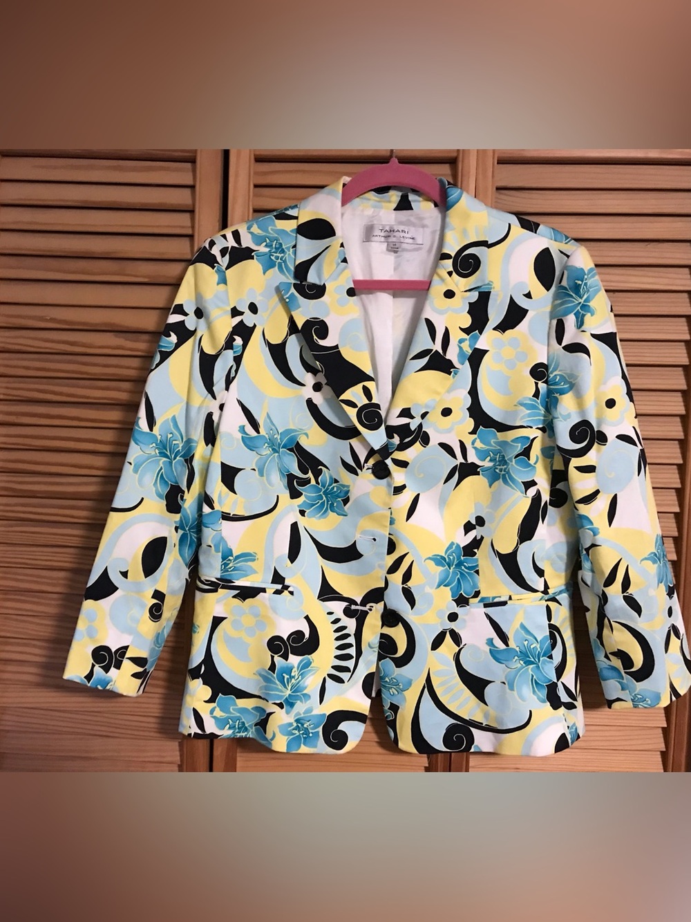 Tahari Arthur S. Levine, Yellow, Light Blue & Black Floral Blazer, Sz 14